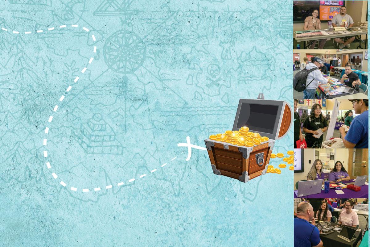 Blue map background leads to a treasure chest with images of students along left side